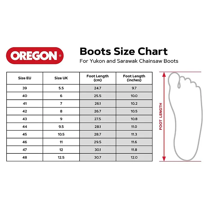Oregon Botas de seguridad Yukon - Talla de pie: 42, Negro, Piel - Tabla de tallas de botas Oregon con tallas EU, UK y longitud de pie (cm/pulgadas) para botas de motosierra Yukon y Sarawak.