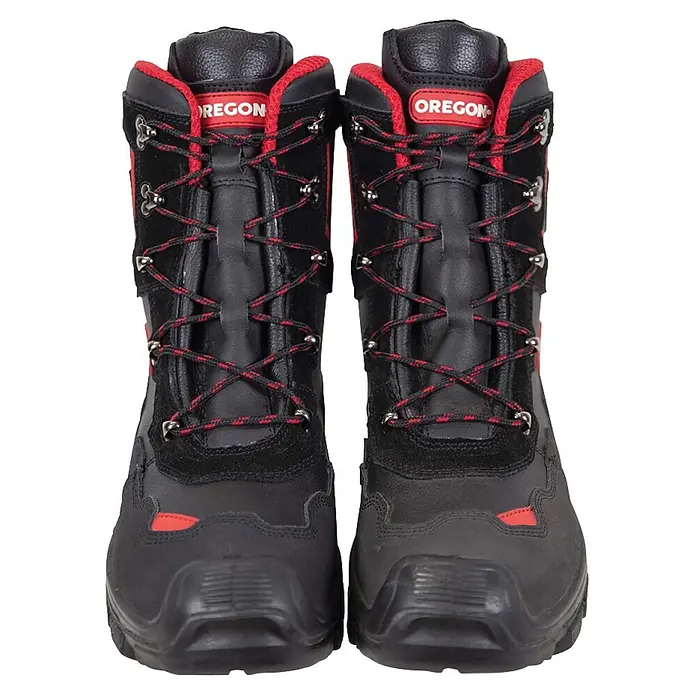 Oregon Botas de seguridad Yukon - Talla de pie: 42, Negro, Piel - Un par de botas de trabajo negras con detalles rojos y el logo 'OREGON'. Construcción robusta y cordones rojos/negros.