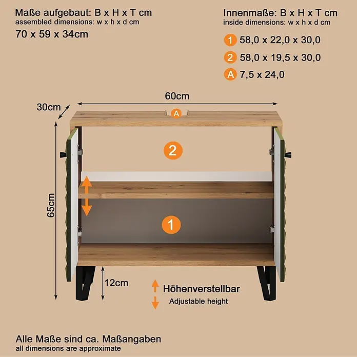 Riva Waschtischunterschrank Flower - B x T x H: 70 x 34 x 59 cm, Dark Green/Artisan Eiche, Matt - Holzschrank mit zwei Türen, verstellbaren Einlegeböden und schwarzen Beinen. Maße: 70x59x34cm.