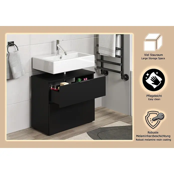 Riva Waschtischunterschrank Space - B x T x H: 65 x 32 x 57 cm, Schwarz, Matt - Schwarzer Badunterschrank mit weißem Waschbecken und offener Schublade, bietet viel Stauraum in einem modernen Badezimmer.