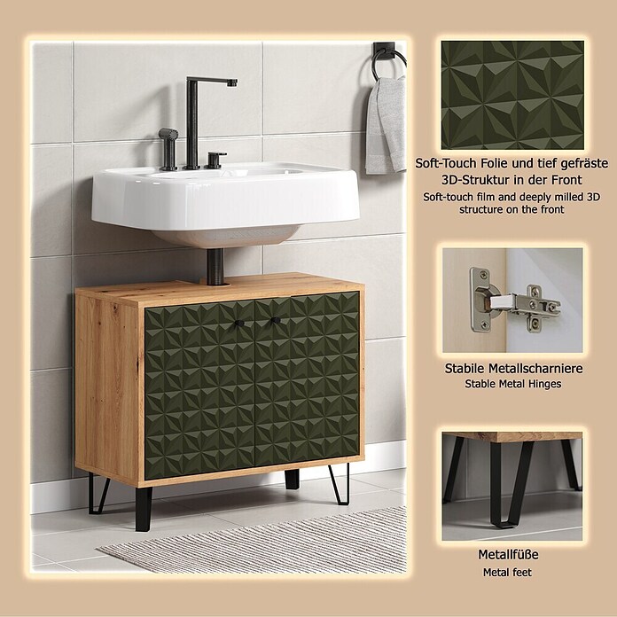 Riva Waschtischunterschrank Flower (B x T x H: 70 x 34 x 59 cm, Dark Green/Artisan Eiche, Matt) | BAUHAUS