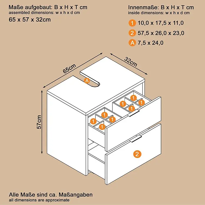 Riva Waschtischunterschrank Space - B x T x H: 65 x 32 x 57 cm, Schwarz, Matt - Weißer Kommode mit zwei Schubladen und einer Aussparung oben, die obere Schublade hat interne Teiler.