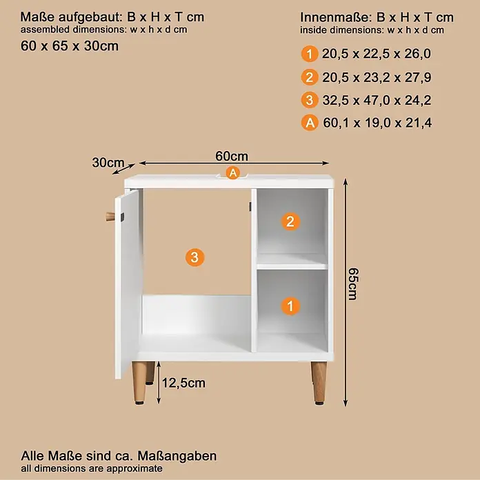 Riva Waschtischunterschrank Click - Werkzeuglos montierbar - B x T x H: 60 x 30 x 65 cm, Weiß, Matt - Weißer Schrank mit Tür, offenen Fächern und einem offenen oberen Fach auf Holzbeinen, Gesamtmaße 60x65x30cm, Beinhöhe 12,5cm.