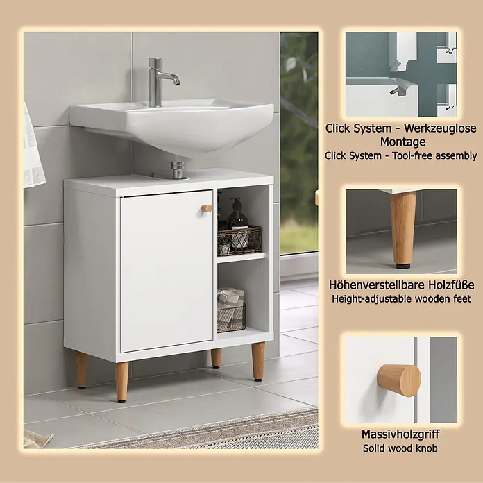 Riva Waschtischunterschrank Click - Werkzeuglos montierbar - B x T x H: 60 x 30 x 65 cm, Weiß, Matt - Weißer Badezimmerschrank mit Waschbecken, Holzbeinen und -knauf, in einem Badezimmer.