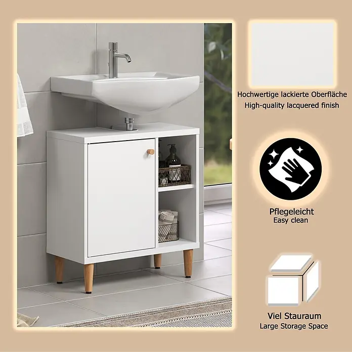 Riva Waschtischunterschrank Click - Werkzeuglos montierbar - B x T x H: 60 x 30 x 65 cm, Weiß, Matt - Weißer Badunterschrank mit Waschbecken, einer Tür, offenen Fächern und hellen Holzbeinen.