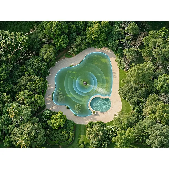 Mova Sektorenregner L10 - Max. Regnerfläche: 500 m² - Luftaufnahme eines smarten Rasensprengers, der einen grünen Rasen neben einem Pool bewässert und seinen Abdeckungsbereich blau hervorhebt.