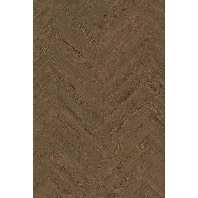 Krono Original Laminat Herringbone - Dark Montanara Oak, Fischgrät, 630 x 126 x 8 mm - Brauner Fischgrät-Holzboden mit sichtbarer Maserung.