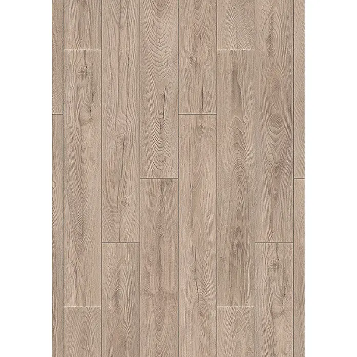 Krono Original Laminat Atlantic 8 - Mushroom Carpenter Oak, Landhausdiele, 1.288 x 195 x 8 mm - Heller brauner Holzdielenboden mit sichtbarer Maserung und leichten Unregelmäßigkeiten.