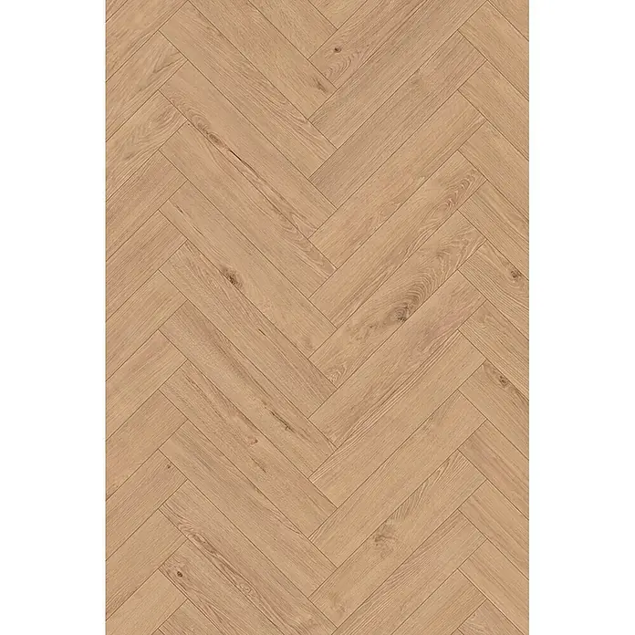 Krono Original Laminat Herringbone 8 - Smoked Montanara Oak, Fischgrät, 630 x 126 x 8 mm - Hellbrauner Holzboden im klassischen Fischgrätmuster.
