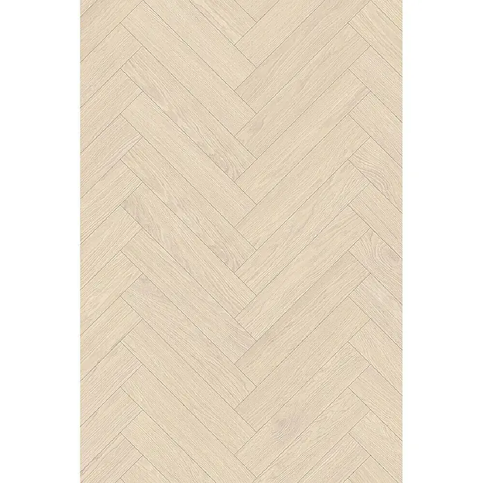Krono Original Laminat Herringbone 8 - Cream Darcy Oak, Fischgrät, 630 x 126 x 8 mm - Helles beige Holzoptik-Boden mit Fischgrätmuster.