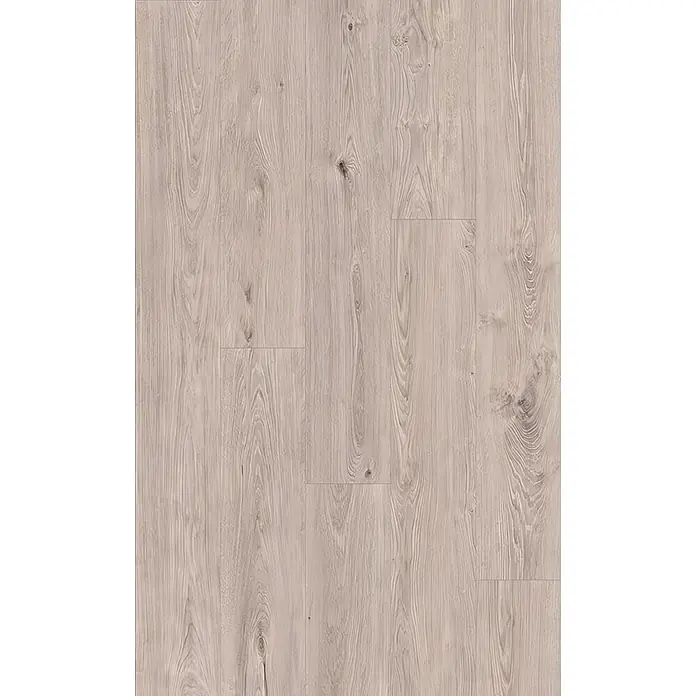 Krono Original Laminat Long Plank 8 - Aged Montanara Oak, Landhausdiele, 2.003 x 245 x 8 mm - Heller, blasser Holzfußboden mit natürlicher Maserung und sichtbaren Ästen.