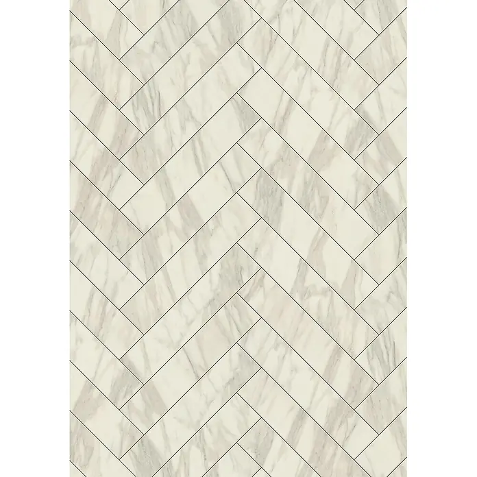 Krono Original Laminat Herringbone - Venato, Fischgrät, 630 x 126 x 8 mm - Helle, cremefarbene Fliesen in Marmoroptik im klassischen Fischgrätmuster.