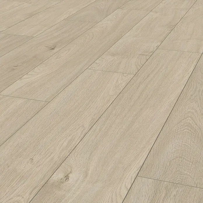 LOGOCLIC Laminatmuster Aquaprotect Nature Oak - 290 x 200 x 8 mm, Landhausdiele - Nahaufnahme des Holzmusters eines Laminatbodens. Helle Farbtöne und eine natürliche Holzstruktur zeichnen diesen Bodenbelag aus.