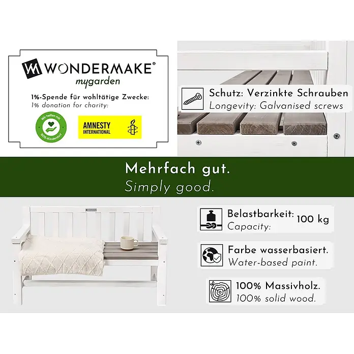 WONDERMAKE Gartenbank Lisedes1 - Fichtenholz (Picea asperata), Weiß|Grau