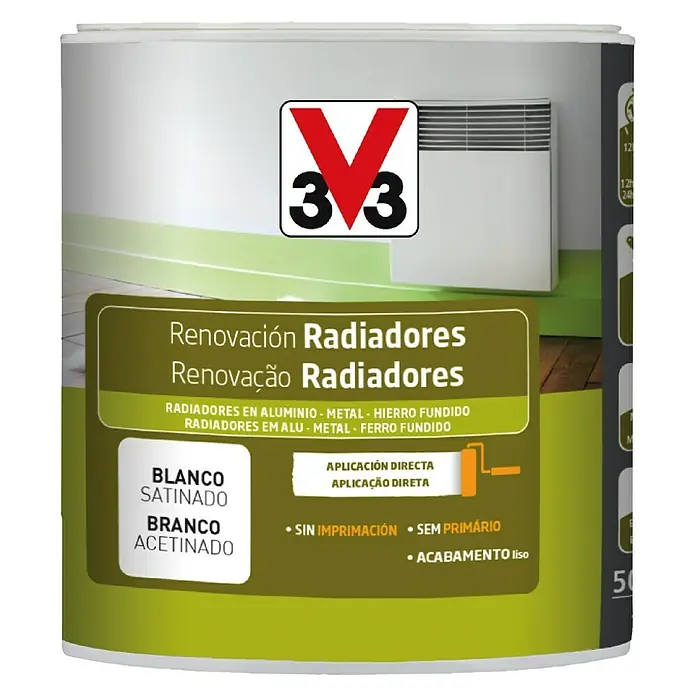V33 Esmalte para radiador Renovación - Blanco, Satinado, 500 ml, Base de agua - Pintura blanca para radiadores V33. Ideal para renovar radiadores de aluminio, metal o hierro fundido con acabado satinado.