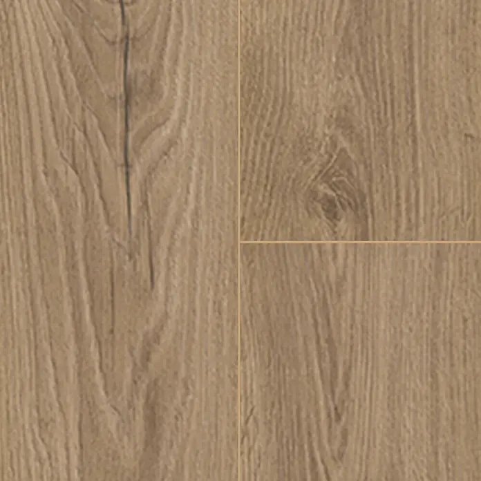 Krono Original Laminat Atlantic 8|33 - Natural Carpenter Oak, Landhausdiele, 1.288 x 195 x 8 mm - Mittelbrauner Holzfußboden mit deutlicher Maserung und Dielenanordnung.