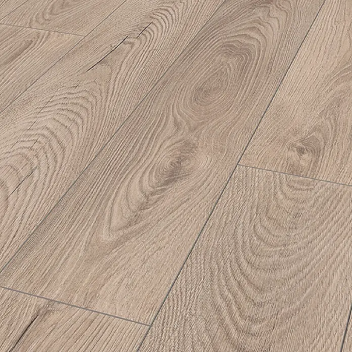 Krono Original Laminatmuster Atlantic 8|33 - Mushroom Carpenter Oak, Landhausdiele, 297 x 195 x 8 mm - Hellbrauner Laminatboden in Holzoptik mit sichtbarer Maserung und Fugen zwischen den Dielen.