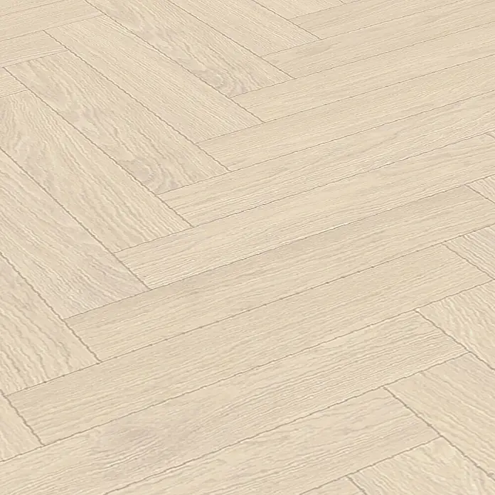 Krono Original Laminatmuster Herringbone - Cream Darcy Oak, 297 x 126 x 8 mm, Fischgrät - Heller Holzboden in Fischgrätmusterung.