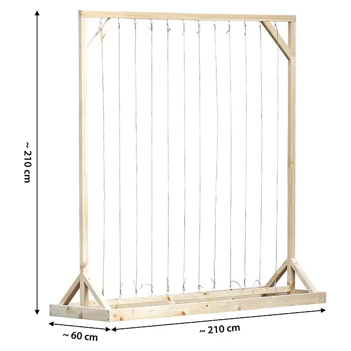 Dobar Tomaten-Rankgitter - L x B x H: 210 x 60 x 210 cm, Holz, Natur - Holzrahmen in Naturholzfarbe mit mehreren Schnüren und Haken zum Aufhängen. Ca. 210x210x60 cm.