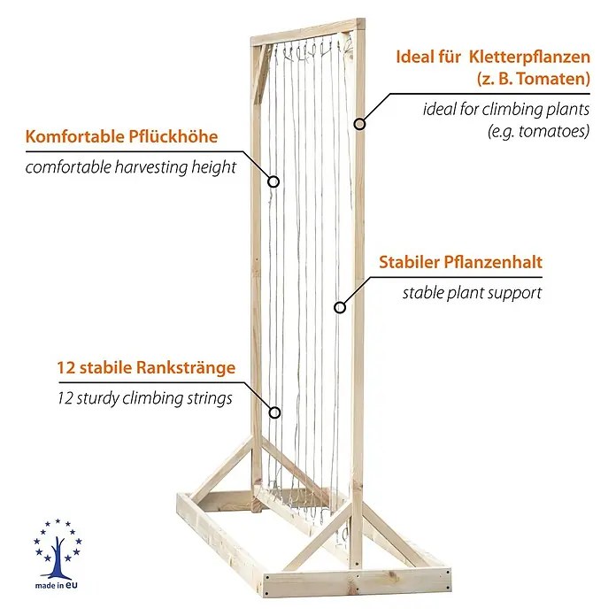 Dobar Tomaten-Rankgitter - L x B x H: 210 x 60 x 210 cm, Holz, Natur - Ein Holz-Rankgitter mit 12 stabilen Schnüren für Kletterpflanzen wie Tomaten.