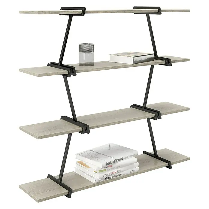 Phönix Holzregal Babylon - H x B x T: 134 x 120 x 30 cm, Traglast pro Boden: 10 kg, Anzahl Böden: 4 Stk., Schrauben, Tobacco Oak / Schwarz matt - Ein modernes, dreistufiges Bücherregal mit hellen Holzregalen und einem schwarzen, schrägen Metallrahmen.