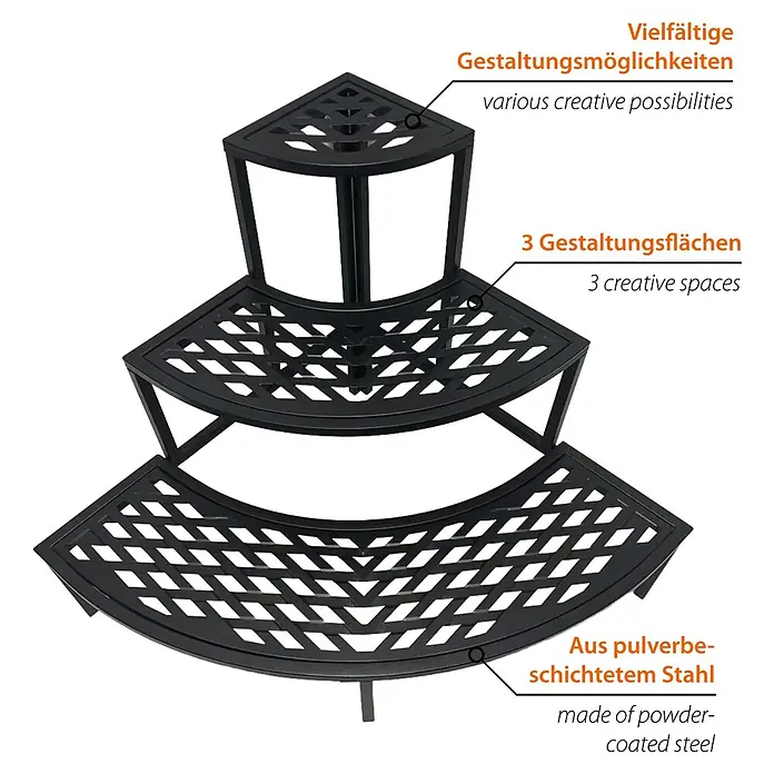 Dobar Blumentreppe 3-stufige Eckvariante - L x B x H: 60 x 60 x 60 cm, Anthrazit, Stahl - Schwarzes, dreistufiges Eckregal aus pulverbeschichtetem Stahl mit dekorativen Gitterböden für vielseitige Gestaltung.