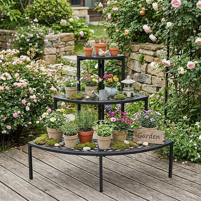 Dobar Blumentreppe 3-stufige Eckvariante - L x B x H: 60 x 60 x 60 cm, Anthrazit, Stahl - Schwarzes dreistufiges Eck-Pflanzenregal aus Metall mit Topfpflanzen in einem Garten.