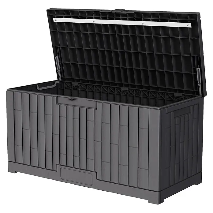 Dobar Garten-Aufbewahrungsbox London - L x B x H: 113 x 49,5 x 59,5 cm, Kunststoff, Grau - Dunkelgraue Kunststoff-Gartenbox mit geöffnetem Deckel, zeigt gerasterten Innenraum.