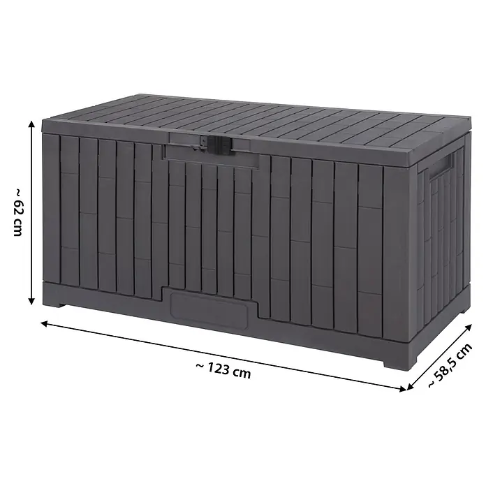 Dobar Garten-Aufbewahrungsbox London - L x B x H: 113 x 49,5 x 59,5 cm, Kunststoff, Grau - Dunkelgraue Kunststoff-Gartenbox, ca. 123x58,5x62 cm.