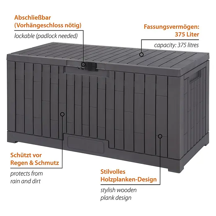 Dobar Garten-Aufbewahrungsbox London - L x B x H: 113 x 49,5 x 59,5 cm, Kunststoff, Grau - Dunkelgraue Outdoor-Aufbewahrungsbox im Holzplanken-Design, 375L Volumen, abschließbar, schützt vor Regen und Schmutz.