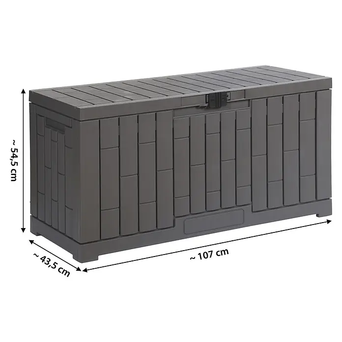 Dobar Garten-Aufbewahrungsbox Berlin - L x B x H: 112 x 39,5 x 52,5 cm, Kunststoff, Grau - Dunkelgraue Kunststoff-Gartenbox mit Lattenmuster und abschließbarem Deckel. Maße: 107x43,5x54,5 cm.
