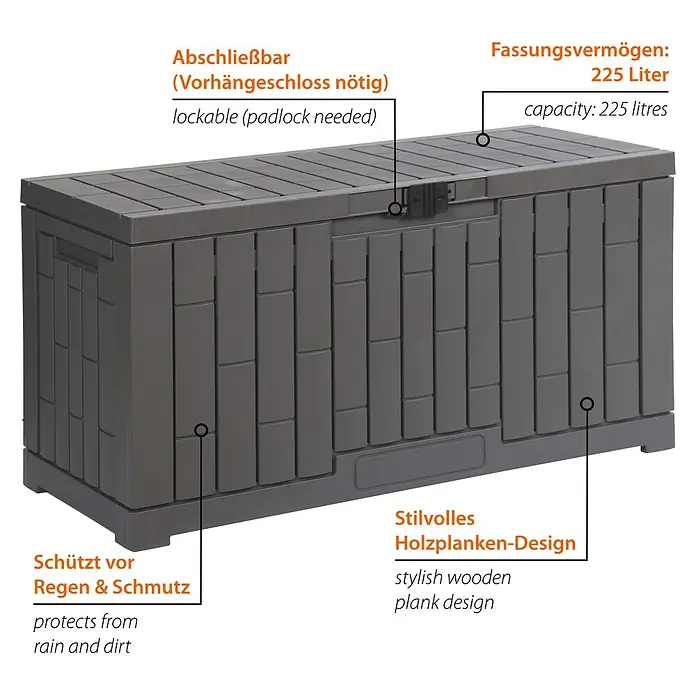 Dobar Garten-Aufbewahrungsbox Berlin - L x B x H: 112 x 39,5 x 52,5 cm, Kunststoff, Grau - Dunkelgraue Aufbewahrungsbox im Holzplanken-Design, abschließbar, wetterfest mit 225 Liter Fassungsvermögen.