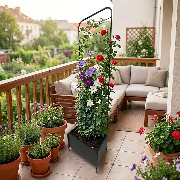 Dobar Pflanzkübel eckig - L x B x H: 50 x 30 x 180 cm, Anthrazit, Stahl - Dunkelgrauer Metall-Spalierpflanzer mit Kletterrosen, Clematis und Efeu auf einem Balkon.