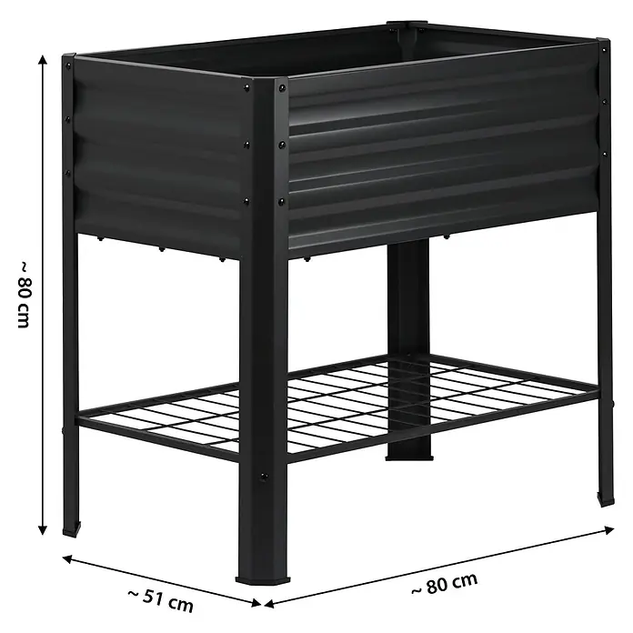 Dobar Hochbeet Kubus - L x B x H: 79 x 49 x 80 cm, Stahl, Anthrazit - Dunkles Hochbeet aus Metall mit Wellblechseiten und Gitterablage.