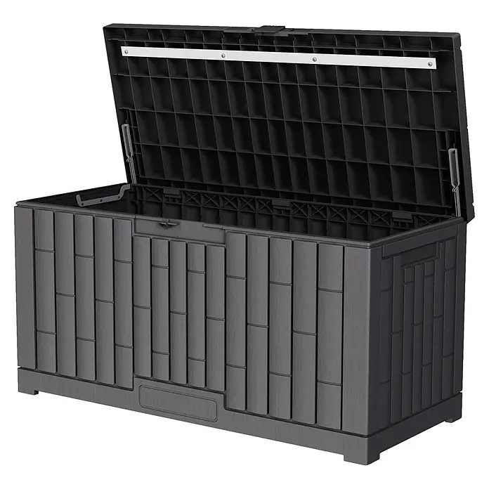 Dobar Garten-Aufbewahrungsbox Paris - L x B x H: 112 x 39,5 x 52,5 cm, Kunststoff, Grau - Dunkelgraue Kunststoff-Gartenbox mit offenem Deckel, innen Gitterstruktur und außen Holzplankenoptik.