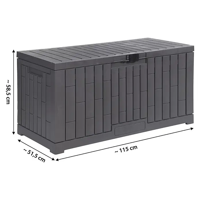 Dobar Garten-Aufbewahrungsbox Paris - L x B x H: 112 x 39,5 x 52,5 cm, Kunststoff, Grau - Dunkelgraue Kunststoff-Aufbewahrungsbox mit Holzoptik und aufklappbarem Deckel.