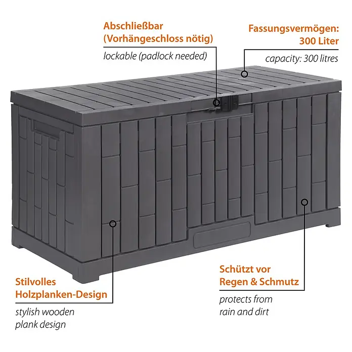 Dobar Garten-Aufbewahrungsbox Paris - L x B x H: 112 x 39,5 x 52,5 cm, Kunststoff, Grau - Dunkelgraue Outdoor-Aufbewahrungsbox im Holzplanken-Design mit 300L Kapazität, abschließbar (Vorhängeschloss nötig) und schützt vor Regen und Schmutz.