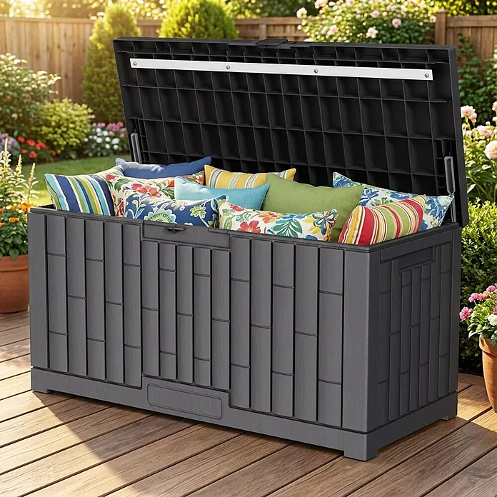 Dobar Garten-Aufbewahrungsbox Paris - L x B x H: 112 x 39,5 x 52,5 cm, Kunststoff, Grau - Dunkelgraue Outdoor-Aufbewahrungsbox, offen und gefüllt mit bunten Terrassenkissen, auf einem Holzdeck in einem sonnigen Garten.