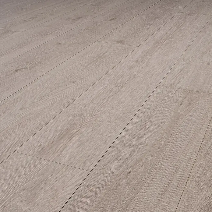 Krono Original Laminat Long Plank 8 - Aged Montanara Oak, Landhausdiele, 2.003 x 245 x 8 mm - Heller beiger Laminatboden mit sichtbarer Holzmaserung.