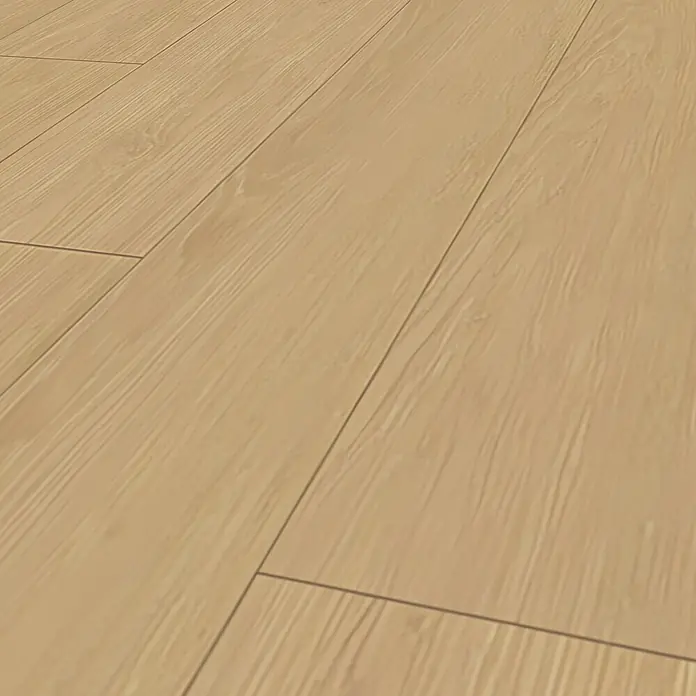 Krono Original Laminatmuster Long Plank 8 - Natural Darcy Oak, 297 x 245 x 8 mm, Landhausdiele - Heller Naturholz-Dielenboden mit deutlicher Maserung und Fugen.
