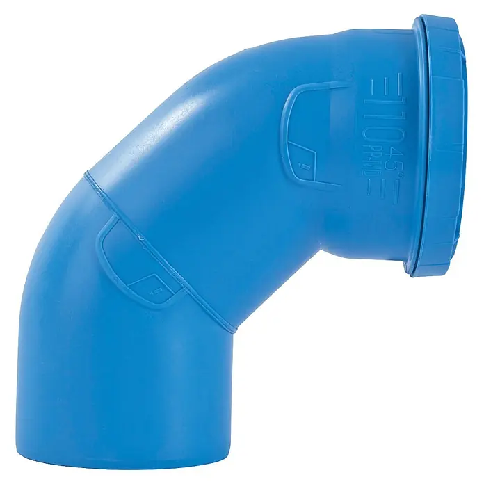 Marley KG Bogen - Nennweite: 110 mm - 87 mm, 45 °, Polypropylen - Blauer 45-Grad-Kunststoffrohrbogen, Größe 110 mm.