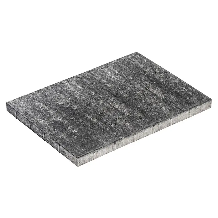 Diephaus Terrassenplattenmuster Memphis - Schwarz-Basalt - Dunkelgraue rechteckige Pflasterplatte mit strukturierter Oberfläche.
