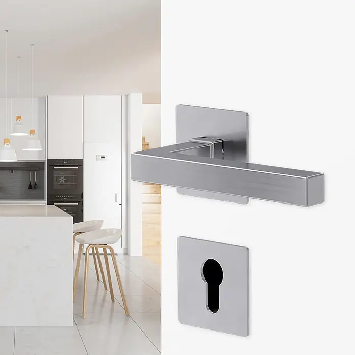 Diamond Doors Schlüsselschild - Profilzylinder, Edelstahl matt - Rechteckiger Türgriff und passendes Schlüssellochschild aus gebürstetem Silber an einer Tür.
