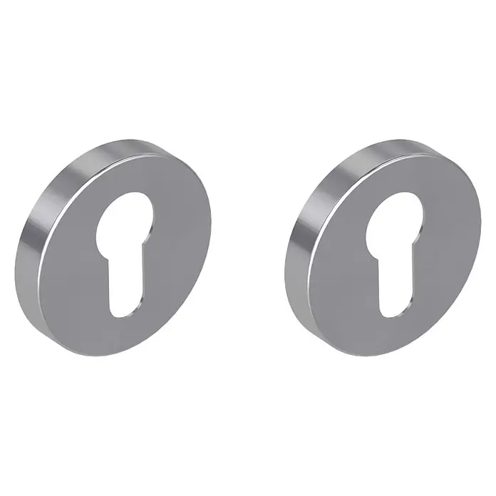 Diamond Doors Schlüsselschild - Form Rosette: Rund, Edelstahl, Matt - Zwei gebürstete silberfarbene Metall-Schlüssellochblenden, oval mit Standard-Schlüssellochöffnung.