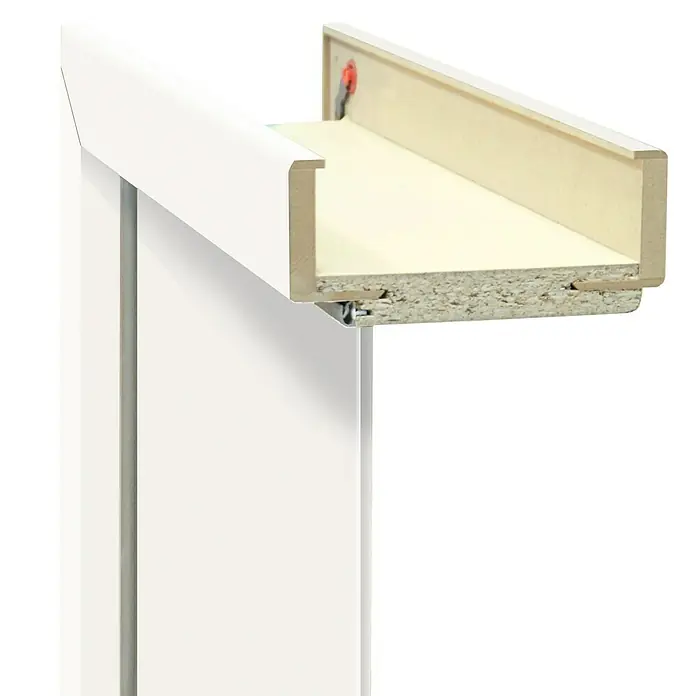 Classen PL Türzarge - 735 x 1.985 mm, Wandstärke: 120 mm, DIN Anschlag: Rechts, Monari Weiß - Nahaufnahme eines weißen Möbelstücks mit Schubladenauszug.