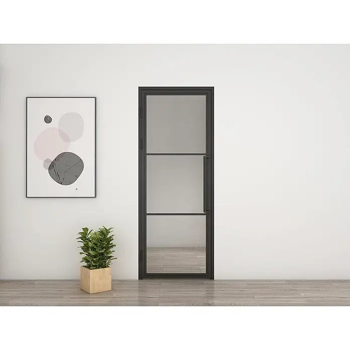 Inova Zimmertür Glasdrehtür ESG Glastür Komplettset 830 x 2115 Satiniert Griffstange - 830 x 2.115 mm, DIN Anschlag: Links, Schwarz - Schwarze Innentür mit Glasfeldern und vertikalem Griff.