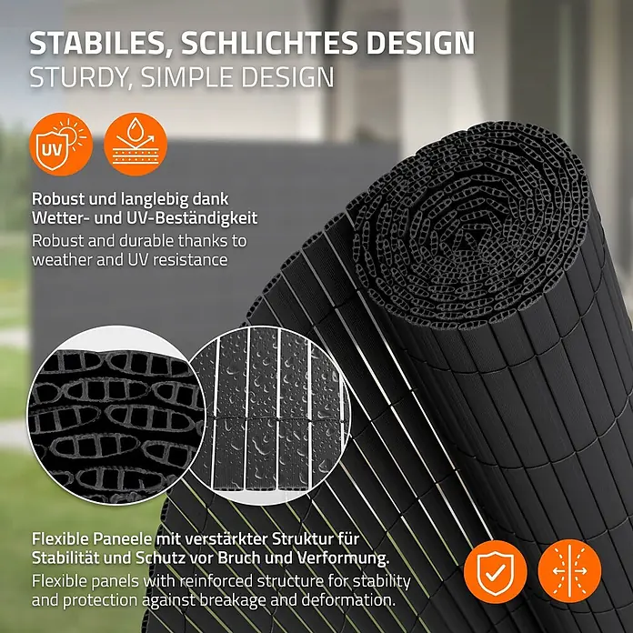 ECD Germany Sichtschutzelement Anthrazit Windschutz Zaunblende für Garten Balkon Terrasse - B x H: 600 x 120 cm, Kunststoff, Anthrazit - Schwarze, flexible Sichtschutzmatte aufgerollt, mit verstärkter Struktur und Wetterbeständigkeit.