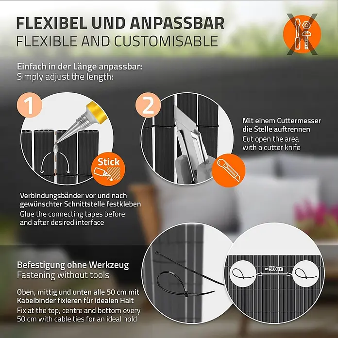 ECD Germany Sichtschutzelement Anthrazit Windschutz Zaunblende für Garten Balkon Terrasse - B x H: 600 x 120 cm, Kunststoff, Anthrazit - Installationsanleitung für einen dunklen, flexiblen Sichtschutz mit Längenanpassung durch Zuschneiden und werkzeugloser Befestigung mit Kabelbindern.