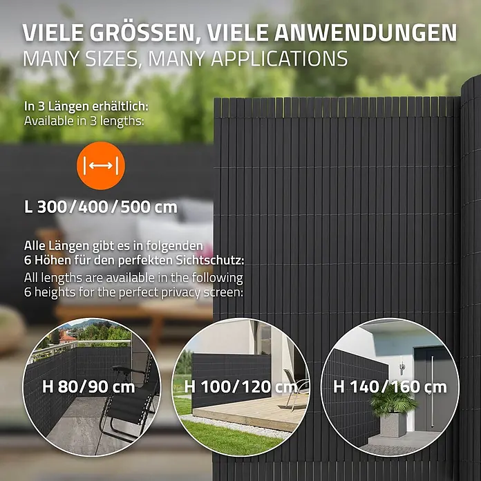 ECD Germany Sichtschutzelement Anthrazit Windschutz Zaunblende für Garten Balkon Terrasse - B x H: 800 x 100 cm, Kunststoff, Anthrazit - Schwarzer Lamellen-Sichtschutz in verschiedenen Höhen (80-160 cm) und Längen (300-500 cm) auf Balkon, Terrasse und Hauseingang gezeigt.