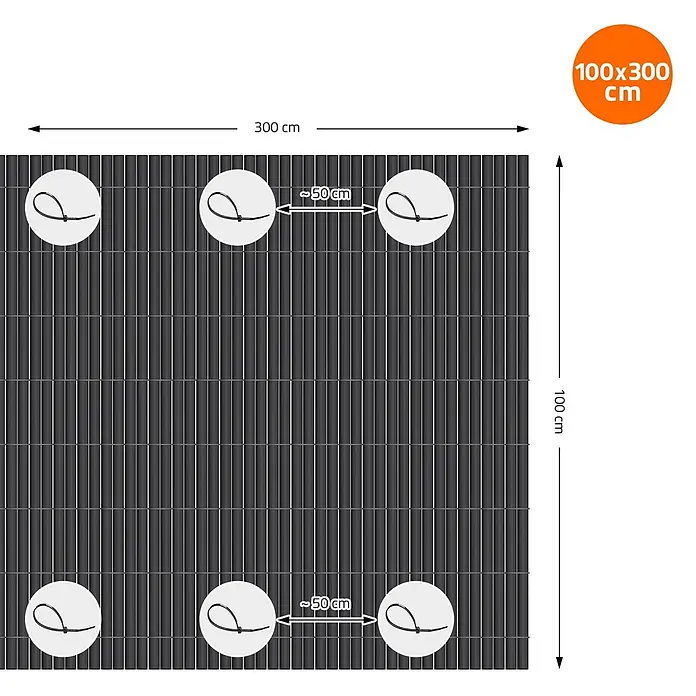 ECD Germany Sichtschutzelement 1 m hoch, 7 m gesamt, 2-teilig (3 + 4 m) - B x H: 700 x 100 cm, Kunststoff, Anthrazit - Dunkelgrauer Sichtschutz, 100x300 cm, aus vertikalen Lamellen mit Befestigungspunkten und Kabelbindern im Abstand von ca. 50 cm.
